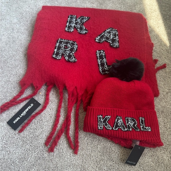 Karl Lagerfeld Kids Red Beanie and Scarf Set - Picture 1 of 1
